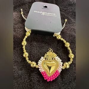 Handmade Gold Plated Sacred Heart Bracelet Beaded  Mexican Milagro Jewelry